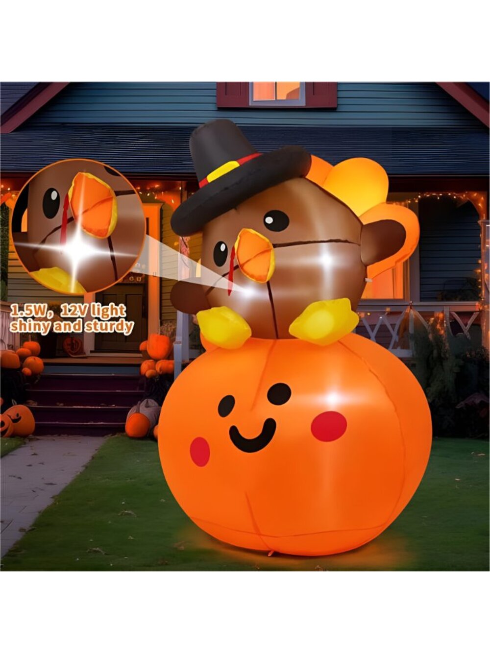 5FT Tall Thanksgiving Inflatables Turkey Baby on Pumpkin with Built-in - Picture 3 of 7